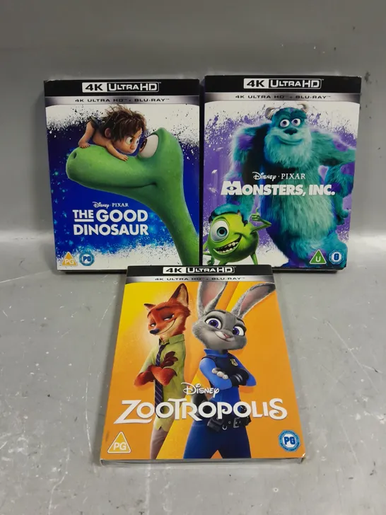 3 X ASSORTED SEALED DISNEY 4K ULTRA HD BLU-RAYS TO INCLUDE THE GOOD DINOSAUR, MONSTERS INC & ZOOTROPOLIS  