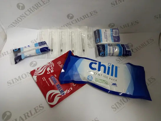 BOX OF APPROX 15 MEDICAL ITEMS TO INCLUDE CHILL ICE PACK, BURNS DRESSING AND AMBULANCE DRESSING