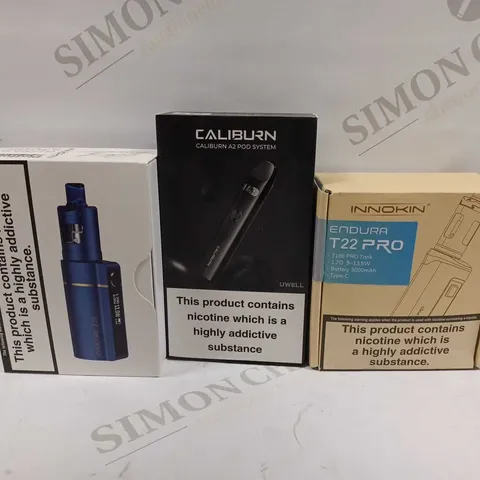 LOT OF APPROXIMATELY 30 ASSORTED E-CIGARETTES AND LIQUIDS TO INCLUDE INNOKIN ENDURA T22 PRO, CALIBURN A2 POD SYSTEM, INNOKIN COOLFIRE Z50 ZLIDE, ETC