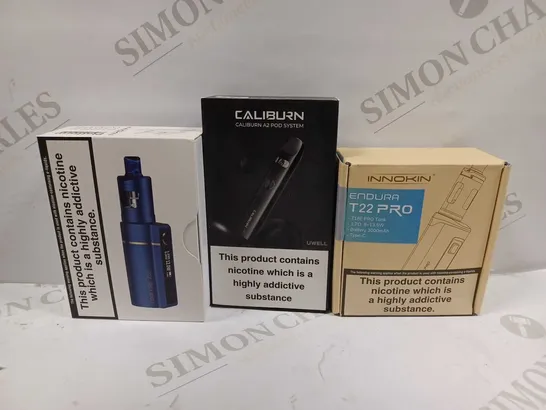 LOT OF APPROXIMATELY 30 ASSORTED E-CIGARETTES AND LIQUIDS TO INCLUDE INNOKIN ENDURA T22 PRO, CALIBURN A2 POD SYSTEM, INNOKIN COOLFIRE Z50 ZLIDE, ETC