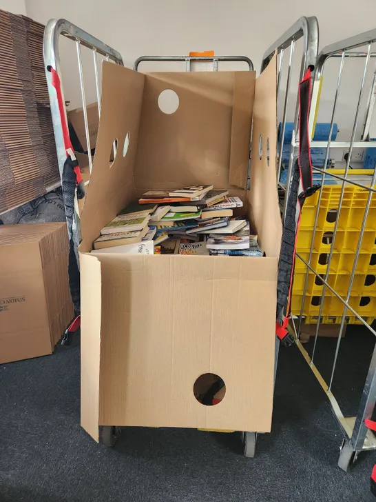 CAGE OF A SIGNIFICANT QUANTITY OF ASSORTED BOOKS BY GABRIELLE ZEVIN, SCOTT CUNNINGHAM, COLLEEN HOOVER, MICHAEL PARKINSON, FREDERICK FORSYTH, DAISY WAUGH, ETC