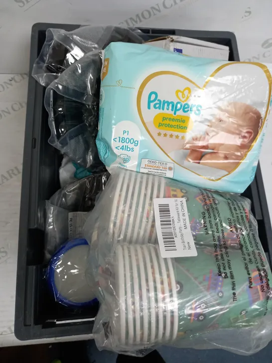 BOX OF APPROXIMATELY 10 ASSORTED ITEMS TO INCLUDE - PAMPERS, PAPER COOKWEAR, AIR FRYER LINER ETC