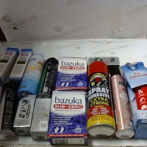 LOT OF ASSORTED ITEMS TO INCLUDE; SPRAY ADHESIVE, PET CORRECTOR, DEODORANT ETC