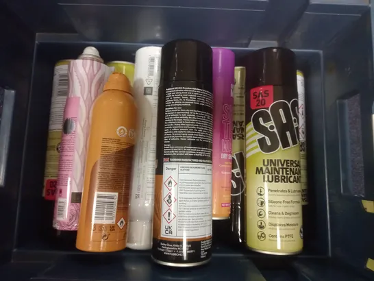 BOX OF APPROX 15 ASSORTED AEROSOLS TO INCLUDE - GIVE ME SKIP THE WASH DRY SHAMPOO - SANCUARY SOA RICH SHOWER BURST - SAS UNIVERSAL MAINTENANCE LUBRICANT ECT