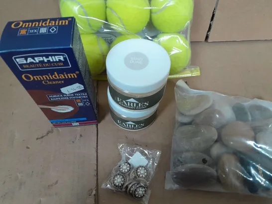 APPROXIMATELY 10 ASSORTED HOUSEHOLD ITEMS TOO INCLUDE TENNIS BALLS - EARLES PAINT - STONES , ETC 