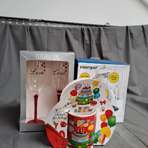 BOX OF ASSORTED HOUSEHOLD ITEMS TOO INCLUDE MUGS , WINE GLASSES AND LAMPS 