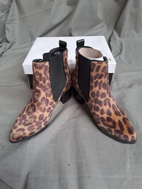 BOXED PAIR OF NINE WEST SYNTHETIC ANKLE BOOTS IN LEOPARD SIZE EU 35