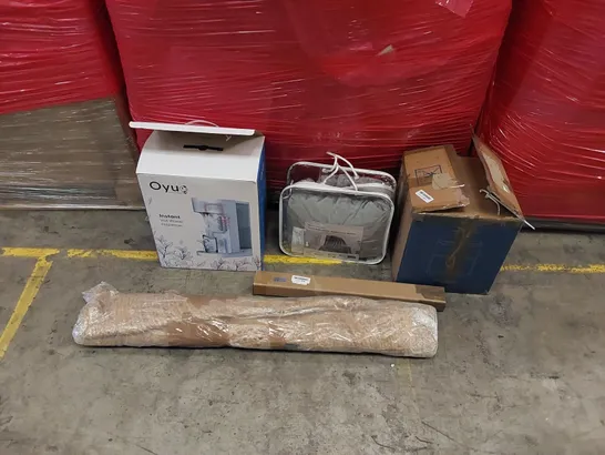 PALLET OF ASSORTED ITEMS INCLUDING: HOT WATER DISPENSER, ELECTRIC BLANKET, AIR FRYER, LED CEILING LIGHT, RUG