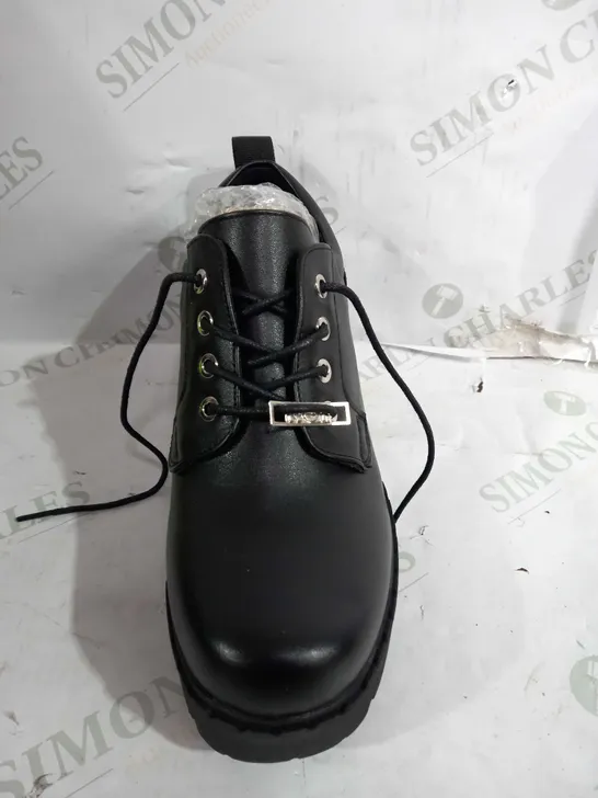 PAIR OF KOI VEGAN LEATHER LOW HEEL LACE UP BOOTS IN BLACK - SIZE 6