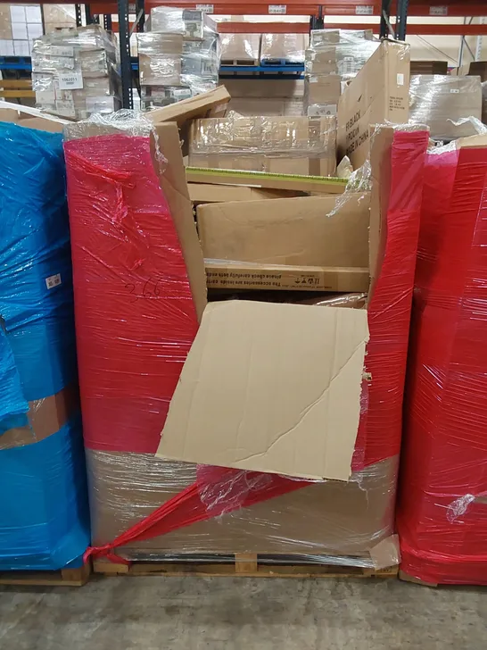 PALLET OF ASSORTED HOUSEHOLD ITEMS AND CONSUMER PRODUCTS TO INCLUDE; OFFICE CHAIR, BOOSTER SEAT, TOILET SEATS, DIMMABLE DESK LAMP ETC