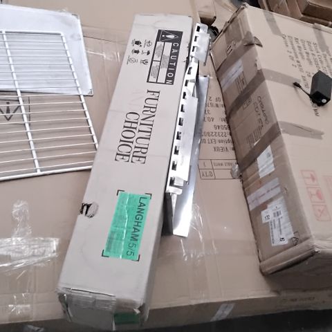 PALLET OF ASSORTED FLATPACK FURNITURE PARTS INCLUDING EXTENDING DINING TABLE TUBE AND BASE, VIEUX EXTENDING TABLE WHITE, TV STAND PARTS 