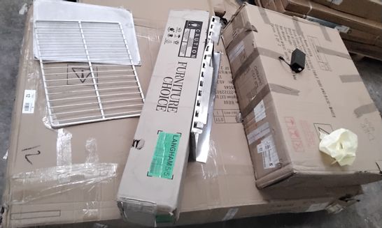 PALLET OF ASSORTED FLATPACK FURNITURE PARTS INCLUDING EXTENDING DINING TABLE TUBE AND BASE, VIEUX EXTENDING TABLE WHITE, TV STAND PARTS 