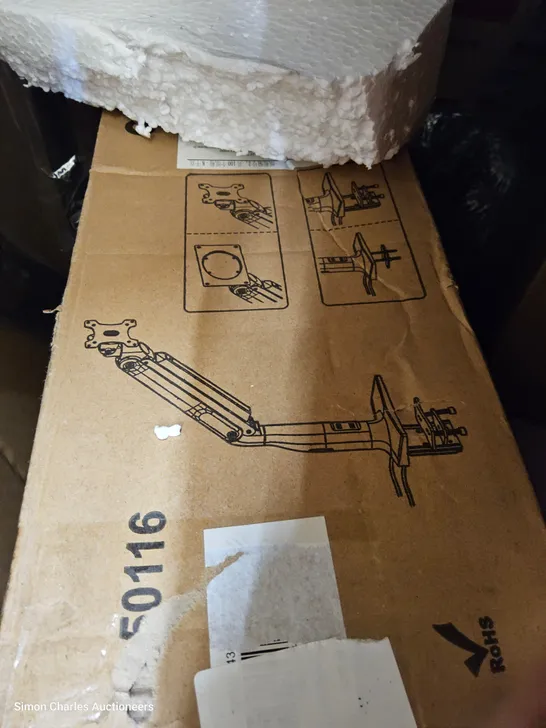 PALLET OF ASSORTED ITEMS TO INCLUDE, COUNTER BALANCE MONITOR STAND, KNITTONG MACHINE, LAPTOP TRAY, GREEN BANKERS LAMP, TV WALL MOUNT, THERMOSTATIC MIXER SHOWER.