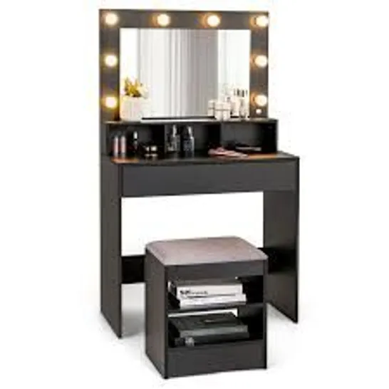 BOXED COSTWAY SAVINGS STORE MODERN DRESSING TABLE WITH LED MIRROR AND CUSHIONED STOOL - BLACK