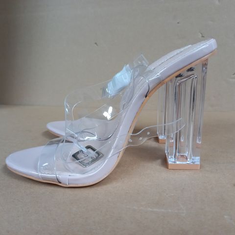 BOXED PAIR OF PUBLIC DESIRE WIDE FIT ALIA CLEAR STRAP HEELED SANDALS BEIGE SIZE 5UK
