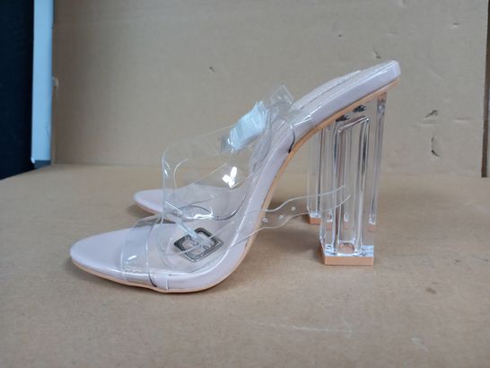 BOXED PAIR OF PUBLIC DESIRE WIDE FIT ALIA CLEAR STRAP HEELED SANDALS BEIGE SIZE 5UK