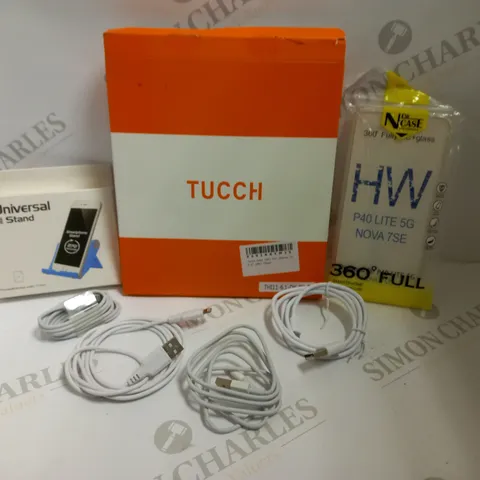 BOX OF APPROX 10 ITEMS INCLUDING ASSORTED PHONE POWER CABLES, CLEAR PHONE CASE AND UNIVERSAL PHONE STAND