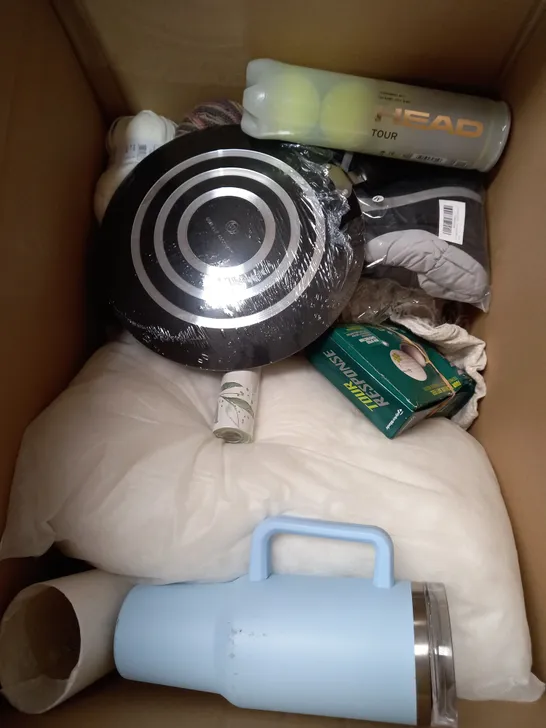 BOX OF APPROXIMATELY 15 ASSORTED ITEMS TO INCLUDE GOLF BALLS, YARN, TAWA PAN ETC