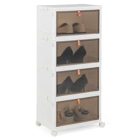 BOXED COSTWAY 3/4/6-TIER STACKABLE SHOE STORAGE BOX WITH LOCKABLE WHEELS-4-TIER - WHITE