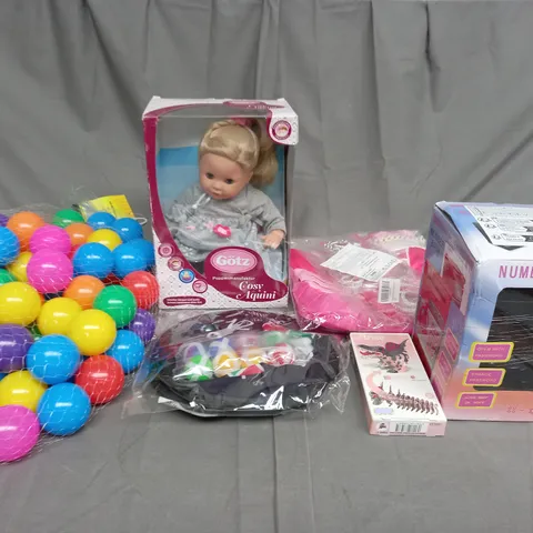 LARGE BOX OF ASSORTED TOYS AND GAMES TO INCLUDE PLAYING BALLS, FANCY DRESS AND BABY DOLLS