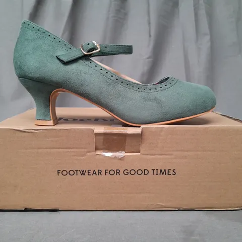 BOXED PAIR OF JOE BROWNS LOW HEELED FAUX SUEDE SHOES IN GREEN UK SIZE 4