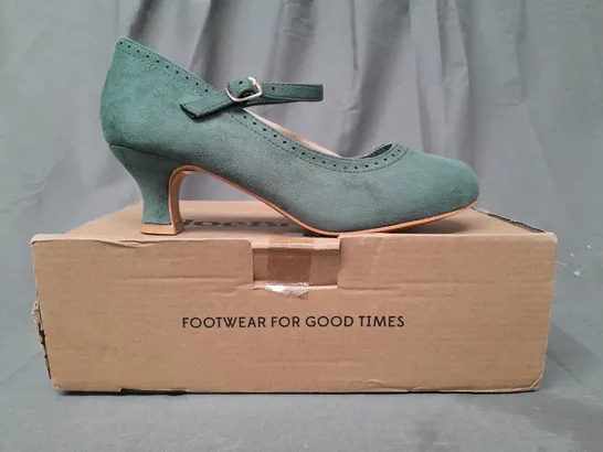 BOXED PAIR OF JOE BROWNS LOW HEELED FAUX SUEDE SHOES IN GREEN UK SIZE 4