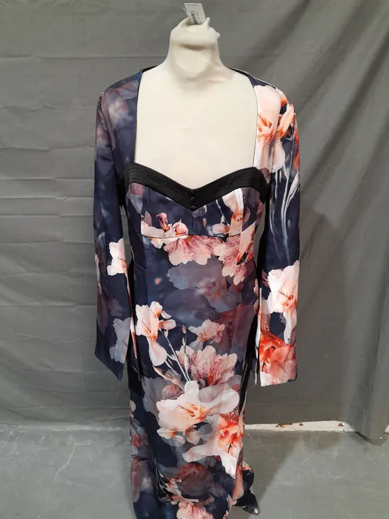 KAREN MILLEN CONTRAST SATIN FLORAL LONG SLEEVE WOVEN MIDI DRESS - SIZE 12