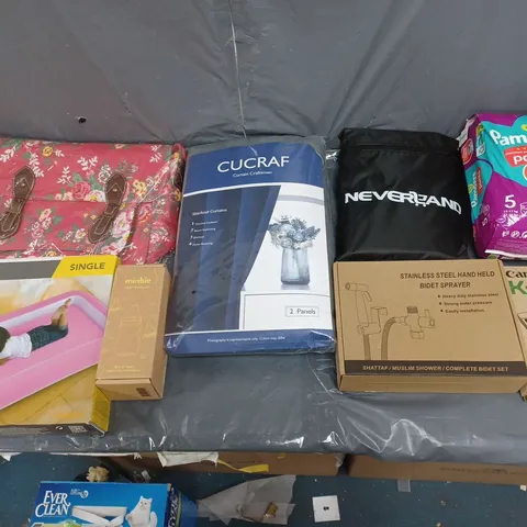 BOX OF APPROXIMATELY 15 ASSORTED HOUSEHOLD ITEMS TO INCLUDE CANON K-2 CALCULATOR, KIDS FLOCKED AIRBED, AND PAMPERS PANTS ETC. 