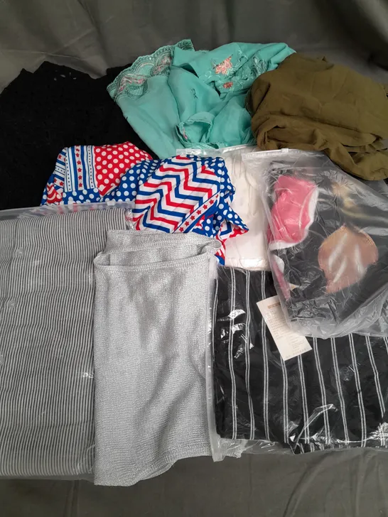 BOX OF APPROXIMATELY 25 ASSORTED CLOTHING ITEMS TO INCLUDE DRESSES, SHORTS, TOPS ETC