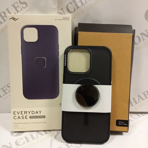 BOX OF 2 ASSORTED IPHONE CASES TO INCLUDE PEAK DESIGN IPHONE 15 PLUS CASE & POPSOCKETS IPHONE 15 PRO MAX CASE