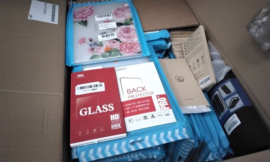3 BOXES OF ASSORTED PHONE CASES INCLUDING 9H SUPER HARDNESS GLASS, GIOPUEY BACK POTECTOR, IPAD COLORFUL FLOWER CASE, SCREEN PROTECTORS