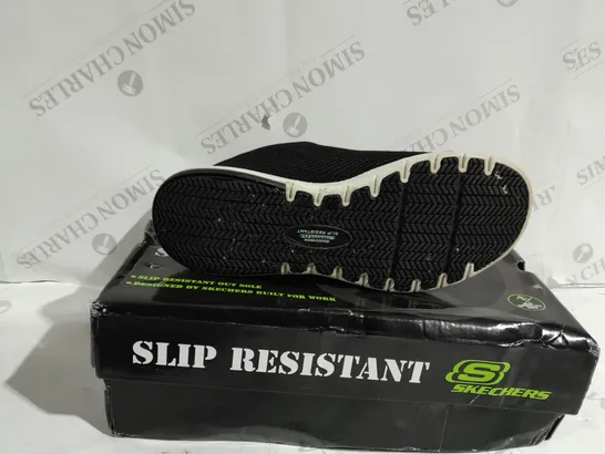 BOXED PAIR OF SKECHERS SLIP RESISTANT WORK TRAINERS IN BLACK - SIZE 5