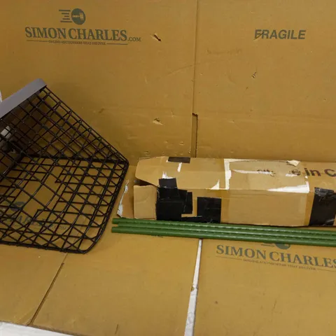 BOX OF APPROX 5 ASSORTED SPARE PARTS FOR ASSORTED LAWNMOWERS, POST CAGE, BOX OF PLANT TRAINING STICKS