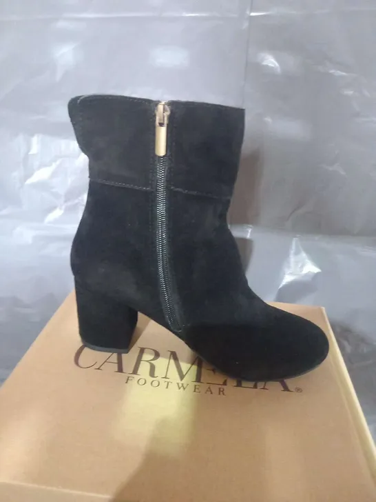 BOXED CARMELA GRACE BLACK SUEDE ANKLE BOOTS SIZE 36