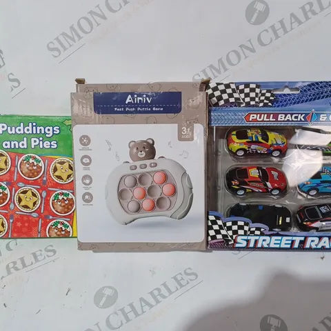 BOX OF APPROXIMATELY 15 ASSORTED TOYS AND GAMES TO INCLUDE PULL BACK & GO STREET RACERS, AINIV FAST PUSH PUZZLE GAME, ORCHARD TOYS PUDDINGS AND PIES, ETC