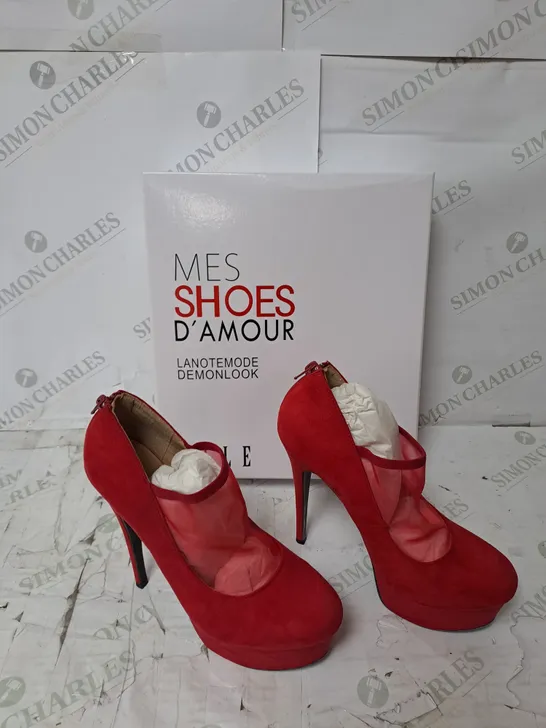 APPROXIMATELY 12 PAIRS  OF BOXED MES SHOES D'AMOUR DEMONLOOK HEELS RED - VARIOUS SIZES 