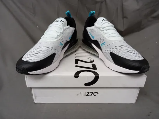 BOXED PAIR OF NIKE AIR MAX 270 SHOES IN WHITE/BLACK/CYAN UK SIZE 8.5