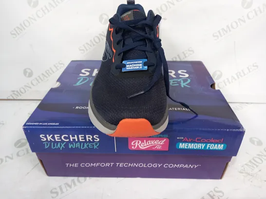 BOXED PAIR OF SKECHERS D'LUX WALKER TRAINERS IN NAVY/ORANGE UK SIZE 8