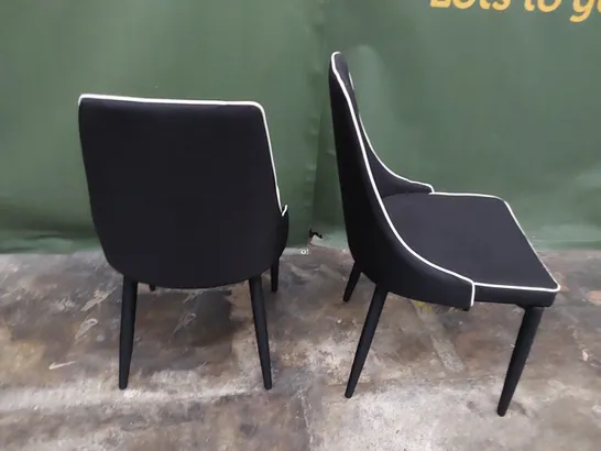 PAIR UPHOLSTERED DINING CHAIRS BLACK FABRIC WITH WHITE PIPING