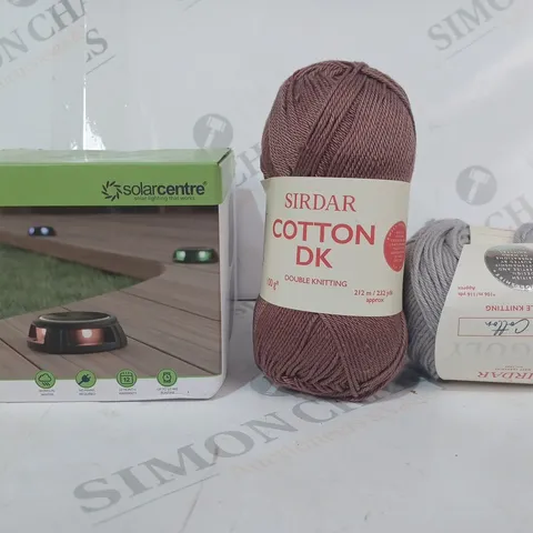 APPROXIMATELY 10 ASSORTED HOUSEHOLD ITEMS TO INCLUDE SIRDAR COTTON DK YARN FOR KNITTING, SOLARCENTRE TAPDANCE GROUND LIGHTS, ETC