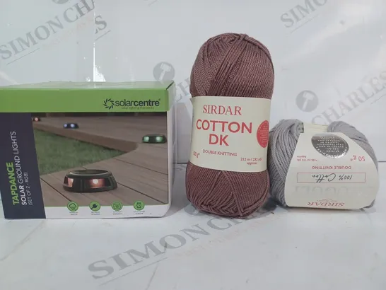 APPROXIMATELY 10 ASSORTED HOUSEHOLD ITEMS TO INCLUDE SIRDAR COTTON DK YARN FOR KNITTING, SOLARCENTRE TAPDANCE GROUND LIGHTS, ETC