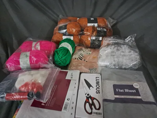 BOX OF APPROXIMATELY 15 ITEMS TO INCLUDE: BUNDLES OF THREAD & FLAT SHEETS.