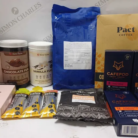 LOT OF APPROX 10 ASSORTED ITEMS TO INCLUDE PACT COFFEE, KETO CYCLE VANILLA FUEL, GRIND DARK BLEND COFFEE PODS, ETC 