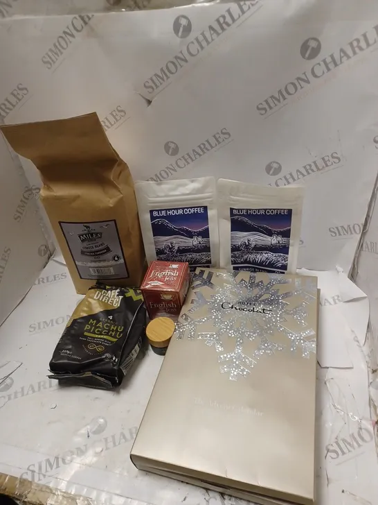 LOT OF ASSORTED FOOD AND DRINK ITEMS TO INCLUDE HOTEL CHOCOLAT, BLUE HOUR COFFEE AND CAFE DIRECT