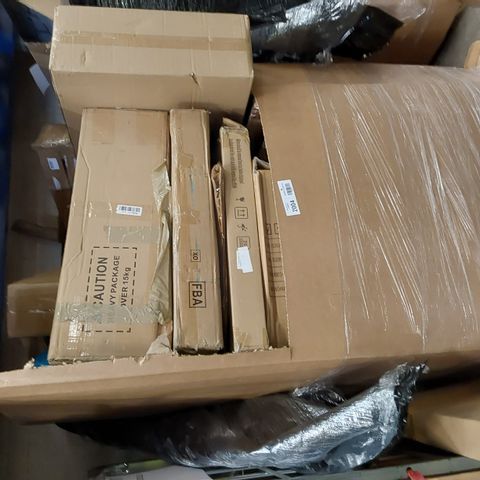 PALLET OF ASSORTED BOXED ITEMS INCLUDING, BASKETBALL HOOP, WALL MORROR, LED CEILING FAN, ARTIFICIAL GARLAND,