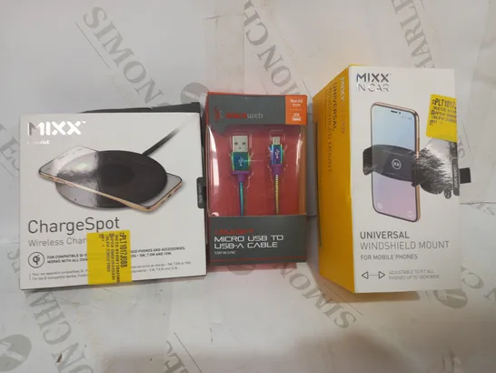 LOT OF APPROXIMATELY 20 ASSORTED HOUSEHOLD ITEMS TO INCLUDE MIXX CHARGESPOT WIRELSS CHARGER, BLACKWEB MICRO USB TO USB-A CABLE, MIXX IN CAR UNIVERSAL WINDSHIELD MOUNT, ETC