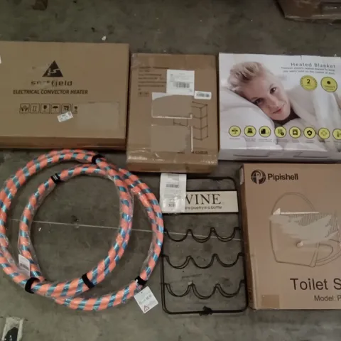 PALLET OF ASSORTED ITEMS INCLUDING PIPISHELL TOILET SEAT, HULA HOOPS, HEATED BLANKET, WINE RACK, SORTFIELD ELECTRICAL CONVECTOR HEATER, WHITE SHOE CABINET 