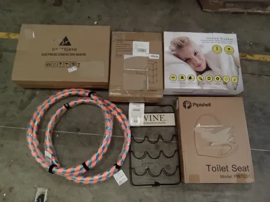 PALLET OF ASSORTED ITEMS INCLUDING PIPISHELL TOILET SEAT, HULA HOOPS, HEATED BLANKET, WINE RACK, SORTFIELD ELECTRICAL CONVECTOR HEATER, WHITE SHOE CABINET 