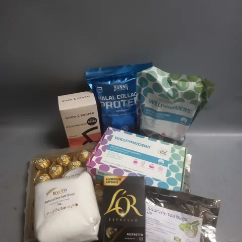 TOTE OF APPROX 12 ASSORTED FOOD ITEMS TO INCLUDE - FERERRO ROCHER BOX - WILLPOWDERS MCT KETO CREAMER - GOOD&PROPER LOOSE LEAF TEA ETC