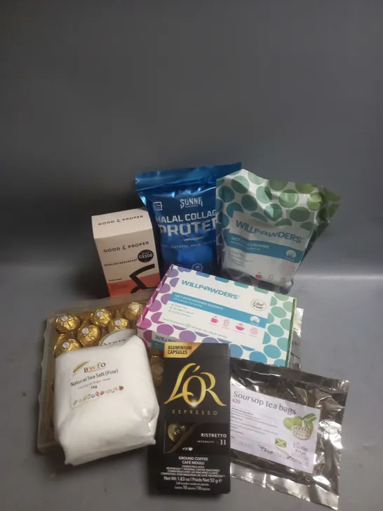 TOTE OF APPROX 12 ASSORTED FOOD ITEMS TO INCLUDE - FERERRO ROCHER BOX - WILLPOWDERS MCT KETO CREAMER - GOOD&PROPER LOOSE LEAF TEA ETC